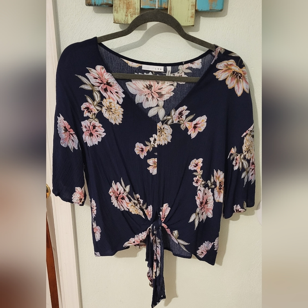 LAST CHANCE!! Floral Navy Top with Tie Front